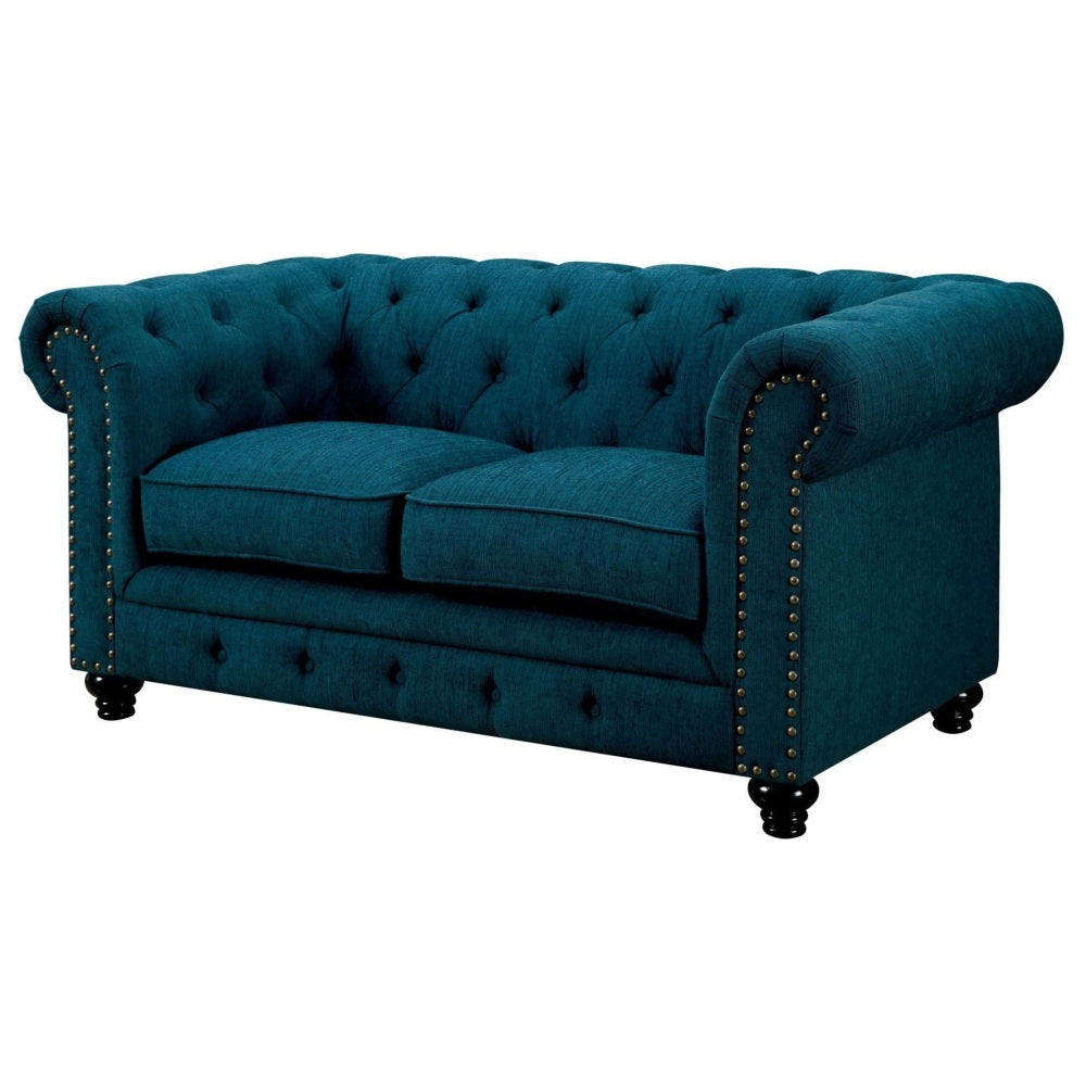 Contemporary Dark Teal Color 1pc Loveseat Button Tufted Couch Rolled Arms Nailhead Trim Leatherette