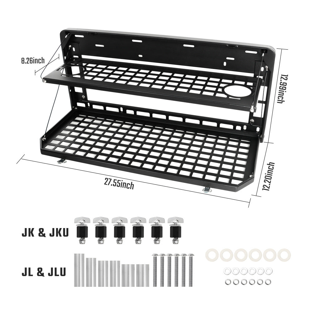 2-Tier Tailgate Table Rear Foldable Storage Cargo Rack Outdoor Camping Desk for 2007-2022 Jeep Wrangler JK&JL 4 Door (Not Fit JK Models with Stock Subwoofer)