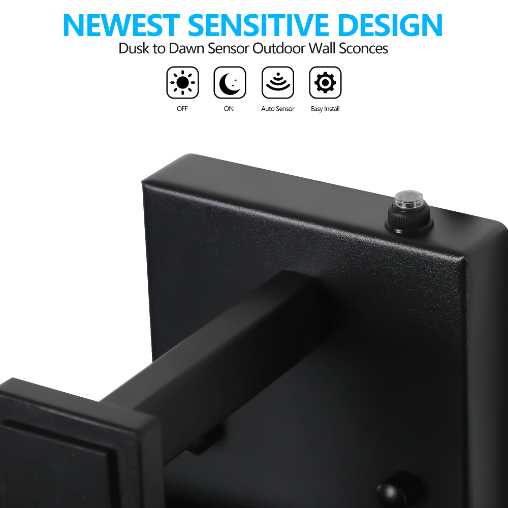 20"(H) Set of 2 Modern Outdoor Wall Lanterns with Black Metal Frame and Clear Glass, Ambient Light Sensors,Weatherproof Wall Sconces for Porch, Garage, or Entryway Lighting, E26 Bulb Compatible