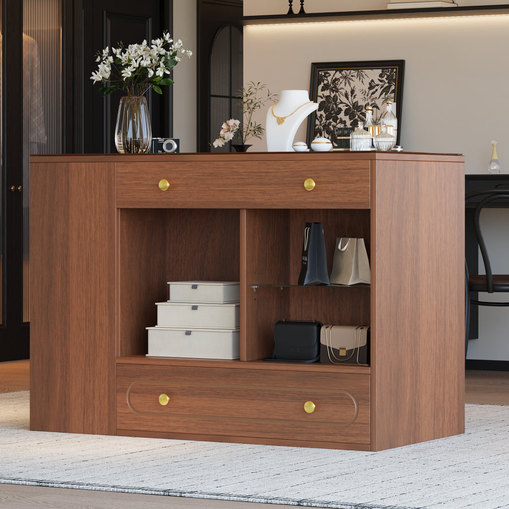 Closet Island with 6 Drawers, Wardrobe Armoire Bedroom Island with Glass Display Top and Open Shelves, Jewelry Storage Vanity Island with compartments, Walk-in Closet Island for Cloakroom, Walnut