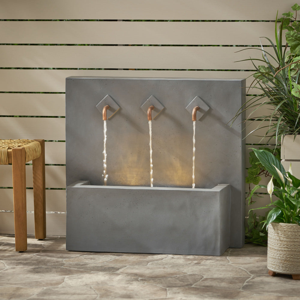 26" High Cody Outdoor Fountain, Hand Crafted Weather Resistant Wall Base Fountain, Light Gray