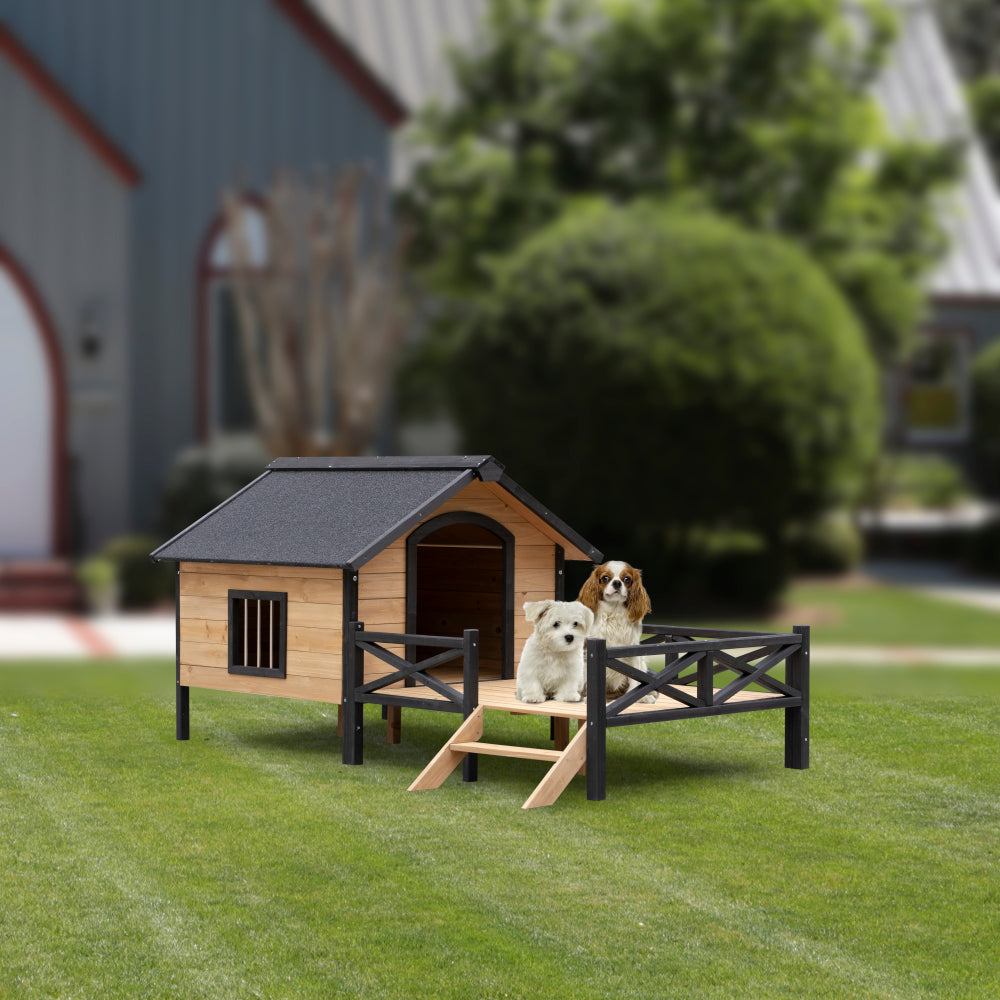 Unique All-Around Iron Frame,Outdoor Large Wooden Cabin House Style Wooden Dog Kennel with Porch