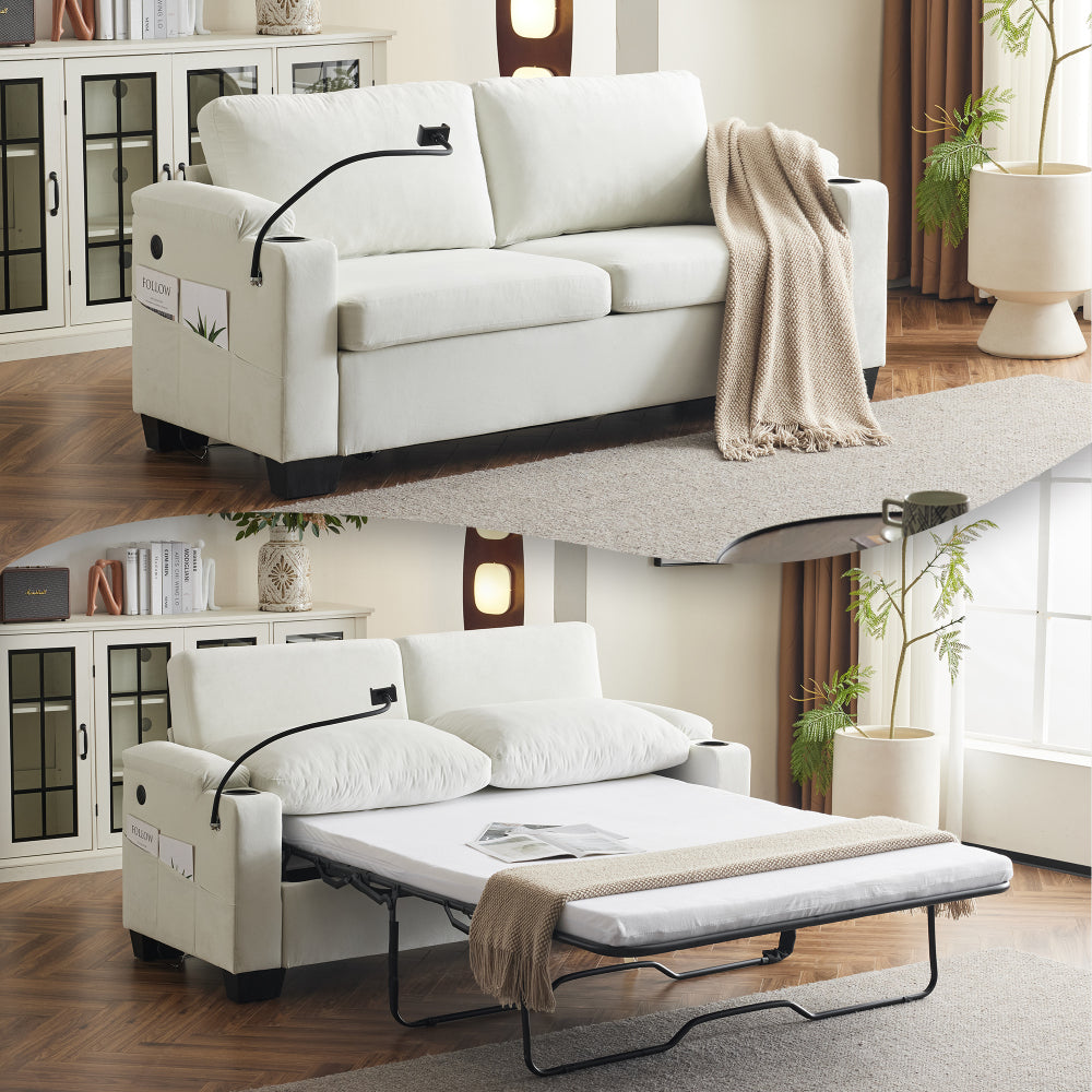 Pull-out sofa bed, chenille material, pull-out queen sofa bed, with USB charging, mobile phone holder, memory sofa, removable and washable cushions, suitable for living room, bedroom, apartment, white