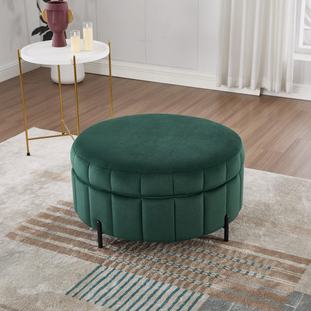 31.5"W Upholstered Round Ottoman With Reversible Lid, Velvet Storage Stool, Channel Tufted Pumpkin-shape Footstool for Living room, Bedroom and Office, Green