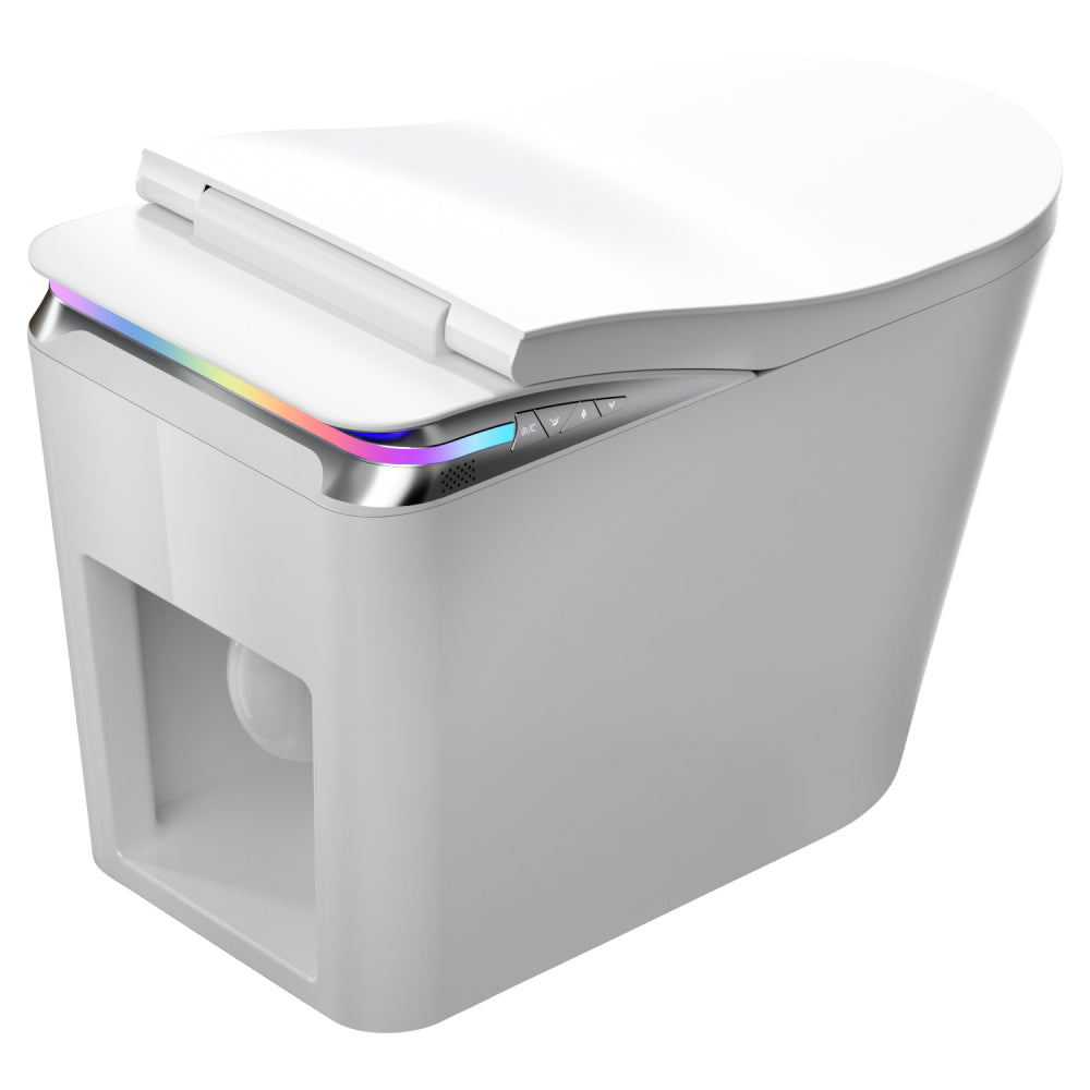 Smart Toilet With Foot Sensing Open Cover & Seat, Buttons Control, Night Light, Leakage Protection, Side Knob With Multiple Controls, Remote Control, Auto Flushing, White Screen