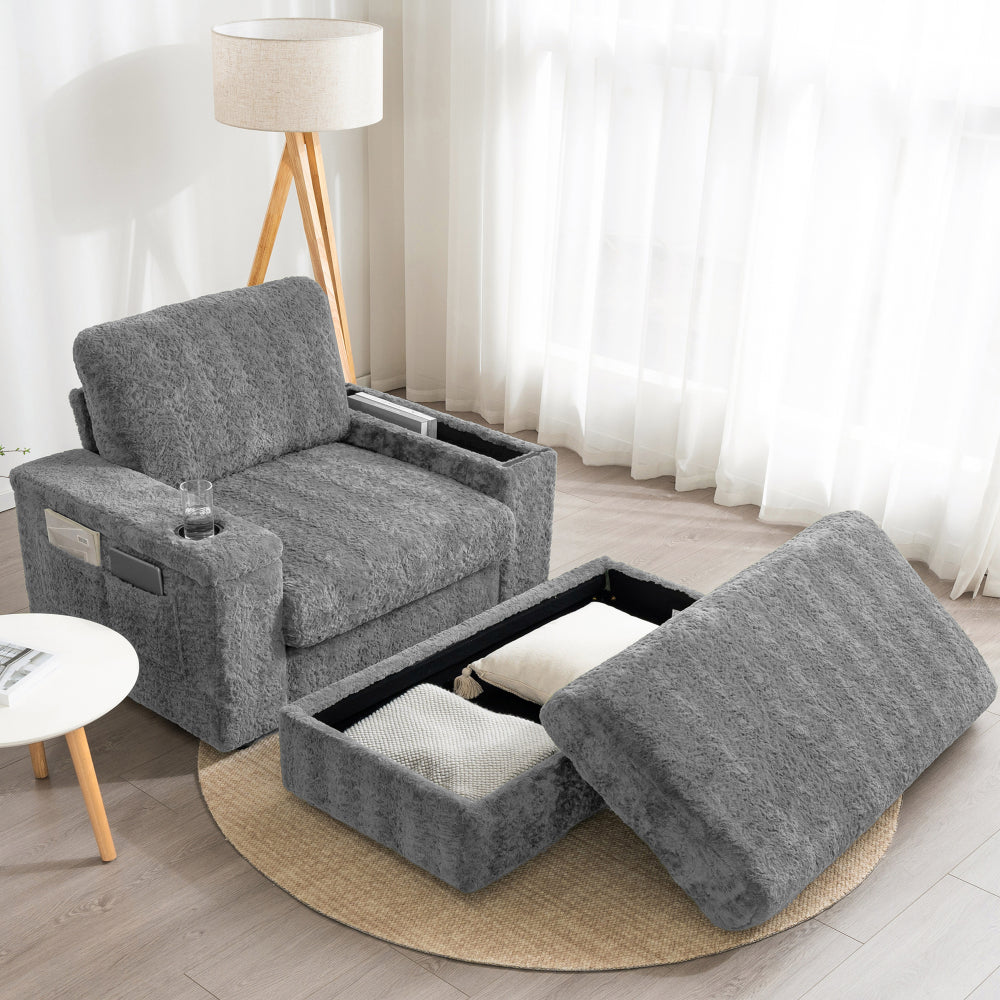 [Video]42" Oversized Chaise Lounge Indoor,Faux Rabbit Fur Sofa Bed with Storage Ottoman and Armrests,Cup Holders,Upholstered Sleeper Chair,Reading Couch with Deep Seat for Living Room,Bedroom,4 Colors
