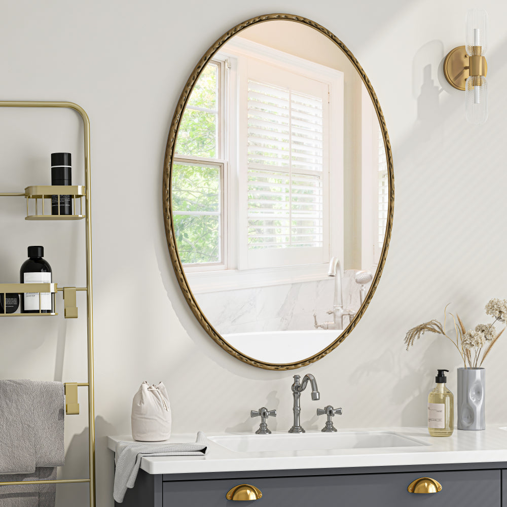 Iron Art Oval Retro Mirror, Antique Effect, Wall Hanging, Suitable For Bathroom, Bedroom, Living Room (Gold)