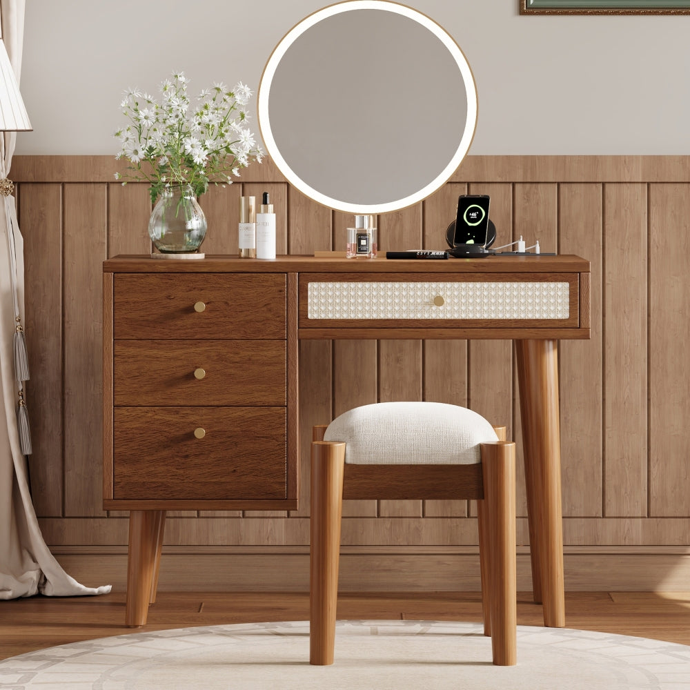 3 Pieces Bedroom Set with Queen Size Wooden Bed Frame, 1 Vintage  Nightstand and 1 Makeup Vanity Set with Stool,Black