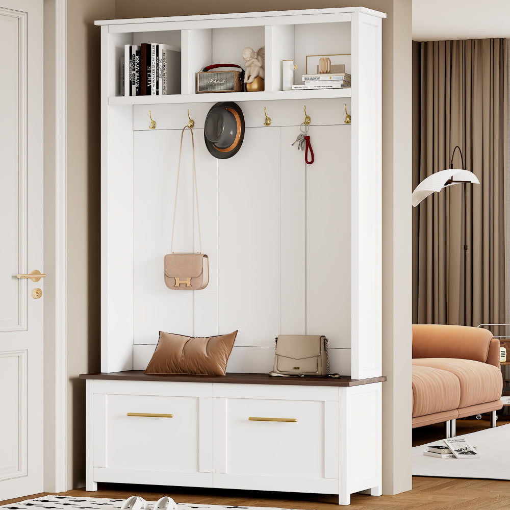 [Assembly Video] Farmhouse 4-in-1 Hall Tree with Wood Grain Bench, Mudroom Versatile Coat Rack with 2 Large Drawer, Entrance Organizer for Hallway, Living Room, White, 55.9"W (Same as N721P205660)