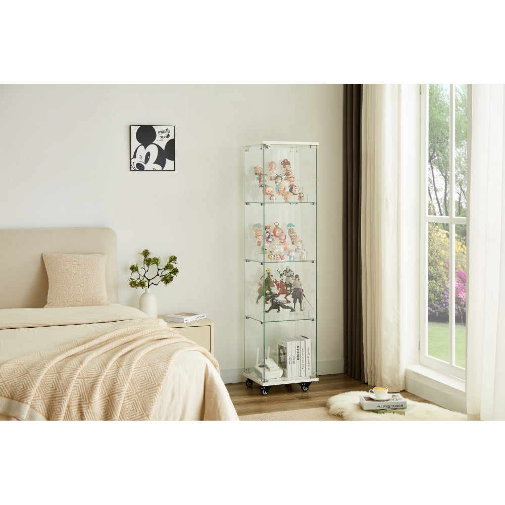 4 Tier Glass Display Cabinet, Single Door Glass Cabinet with Lock and Wheels, Floor Standing Storage Cabinet with 3 Acrylic Shelves for Living Room, Bedroom and Office, White, 15.8"L x 14.2"W x 65.1"H