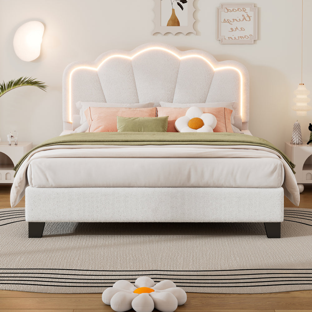 2-Pieces Bedroom Sets Twin Size Flower-Shaped Upholstered LED Platform Bed with Storage Ottoman-Sherpa Fabric, White