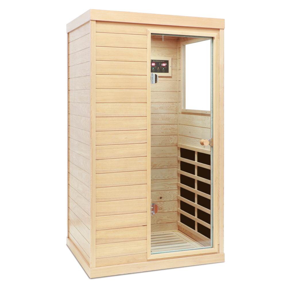 Hemlock Mini one person far infrared door on the Right of the indoor sauna room