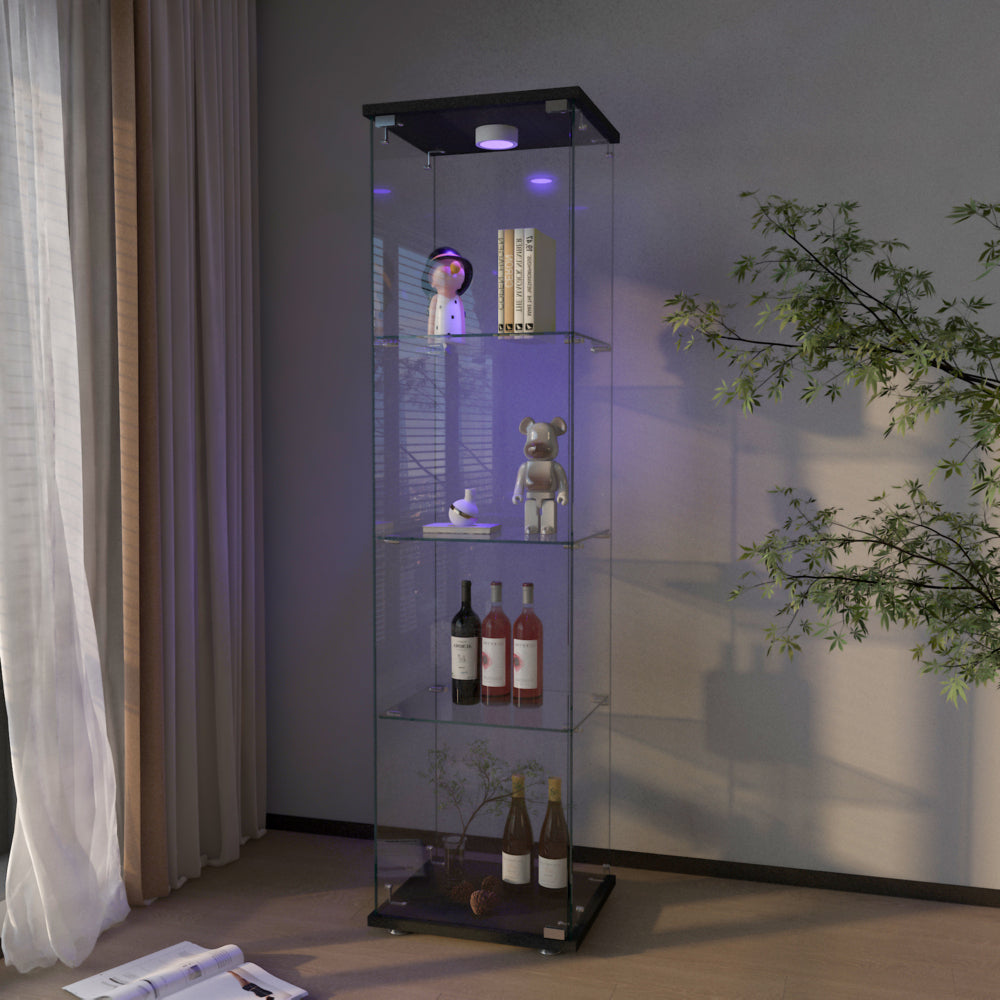 Modern Glass Display Cabinet with LED lights, Quick-assembly Antique Cabinet, Tempered Glass Bookshelf, Suitable for Living Room and Bedrooms, 1-door 4-shelf, Black
