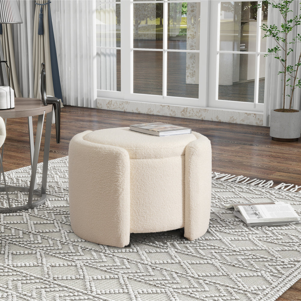 Round Ottoman teddy fleece cushioned footpads living room and bedroom footstool with storage space (Beige)