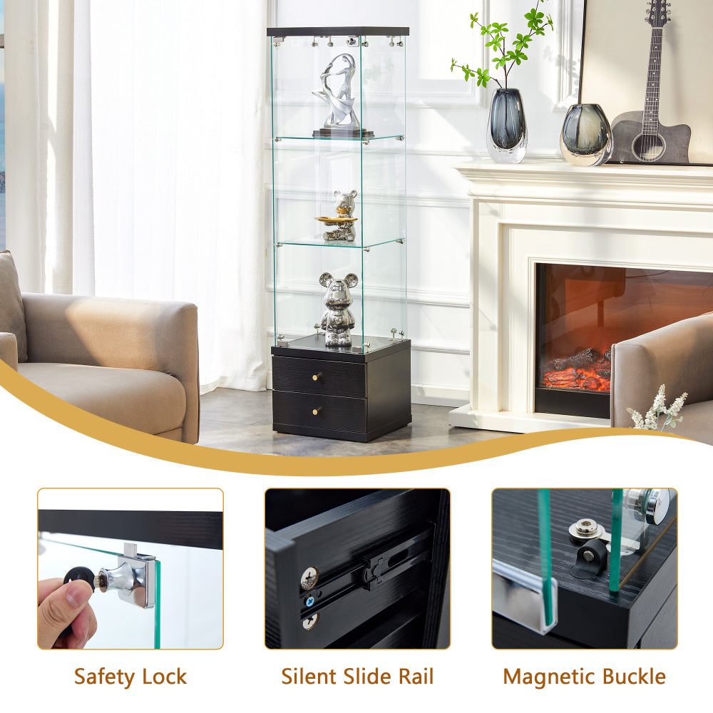 American-Style Non-Lit Glass Display Cabinet (0.2" Tempered Glass) – Soft-Close Drawer Slides  3 Adjustable Shelves, Ideal for Display & Storage