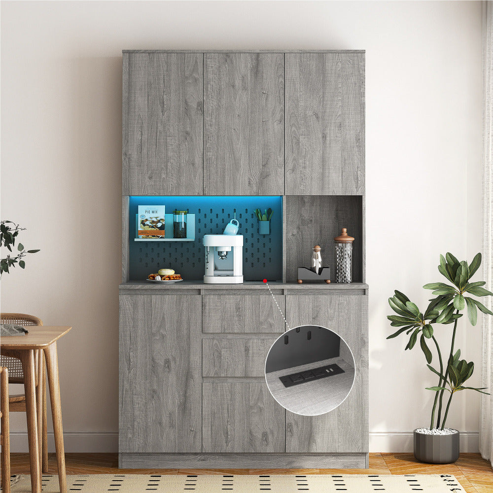 74" Kitchen Pantry Cabinet with Charging Station,Freestanding Buffet Cupboards Sideboard with Drawer,Modern Pantry Cabinet with Microwave Stand for Kitchen,Living Room,Dinning Room
