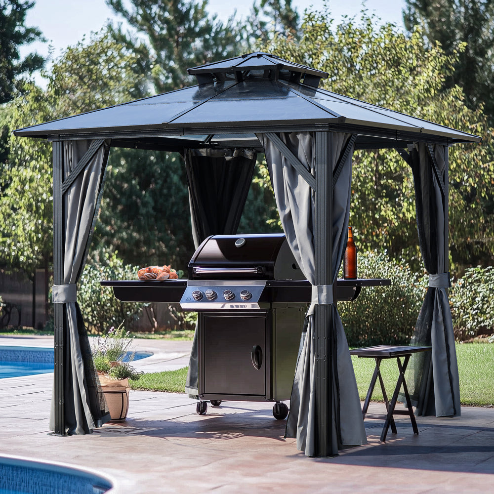 Outdoor Grill Gazebo 8 x 8FT, Hardtop BBQ Gazebo with UV-Resistant Polycarbonate Roof & Storage Hooks for Patio, Lawn, Garden
