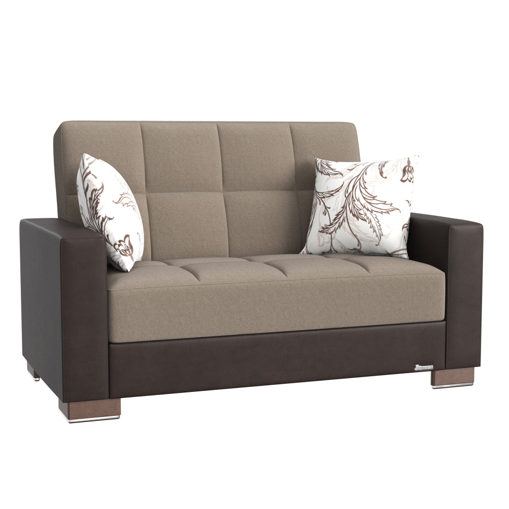 PrimeNest ZenAero Collection Upholstered Convertible Loveseat with Storage, Beige/Brown-PU Chenille