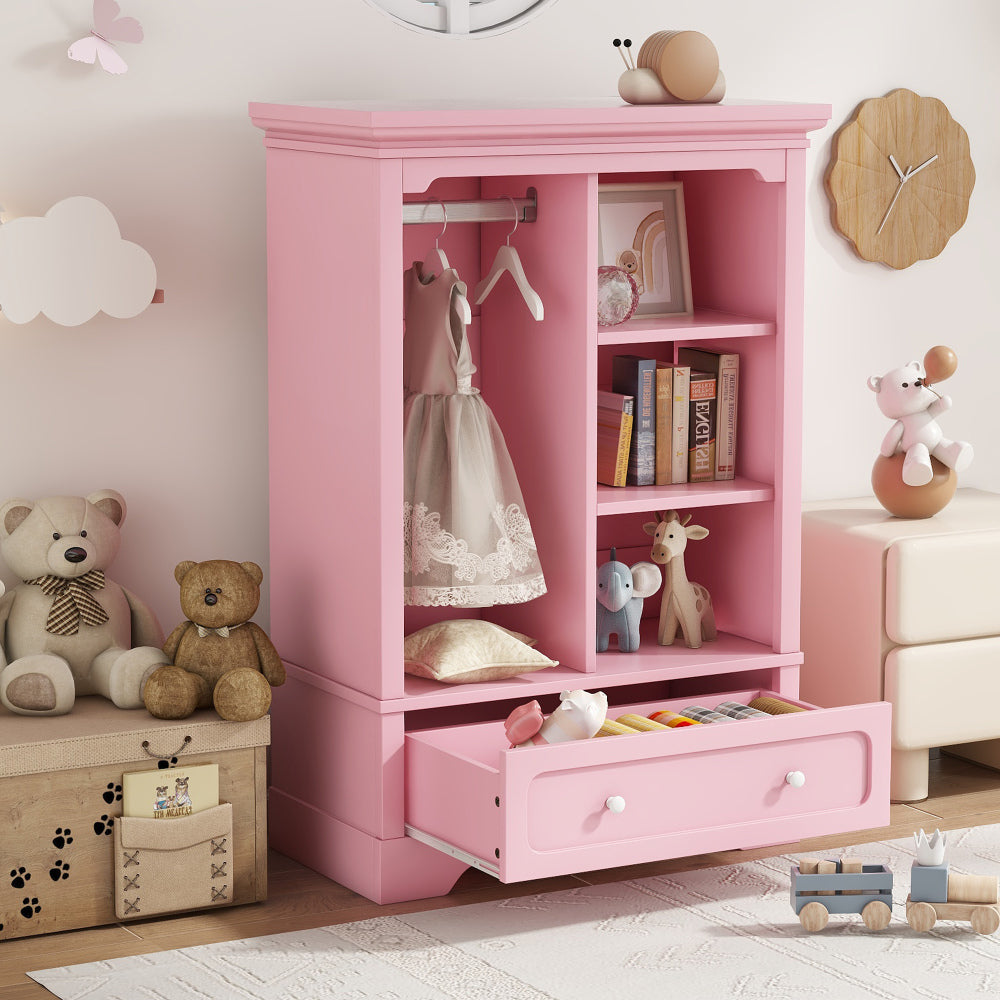 Open children's wardrobe with a hanging rod and open shelves, one large drawer, low design close to the ground for easy access,Pink.