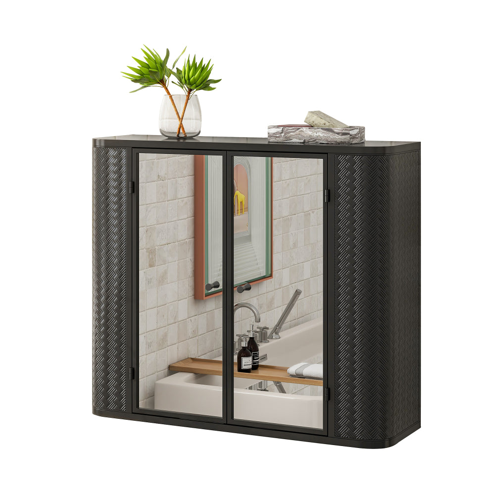 Black Wall-Mounted Bathroom Cabinet with Mirror, 2 Mirrored Doors & Open Shelf, Farmhouse Metal Frame Storage Cabinet with Open Compartment for Vanity, Toilet & Over-the-Sink