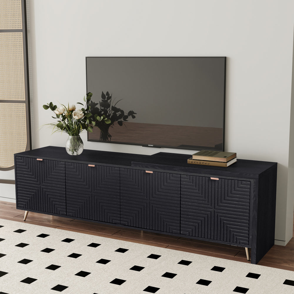 70"-90" Extendable TV Cabinet, Modern Entertainment Center with Storage and Adjustable Shelves, Lacquered and Real Wood Veneered TV Console for Living Room, Hallway, Entryway, Black