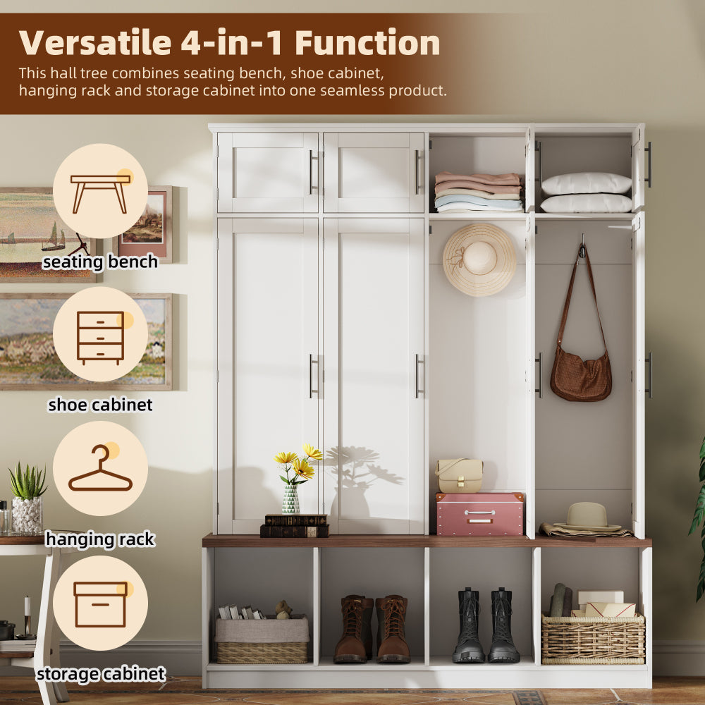 [Assembly Video Provided] ON-TREND Farmhouse Hall Tree with 4 Hidden Hanging Hooks, Versatile Walnut Seating Bench with 8 Doors, Entryway Shoe Cabinet with Open Compartments for Living Room,  White