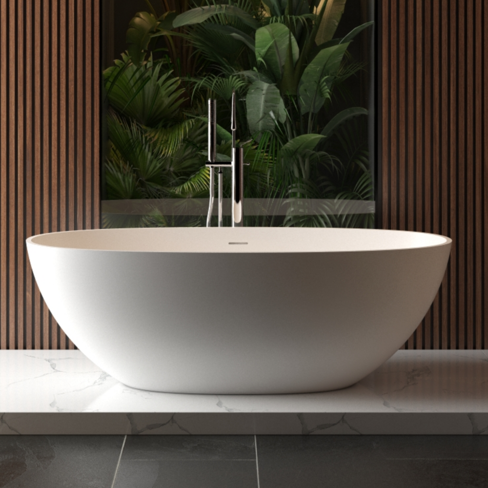 65" Freestanding Solid Surface Bathtub, Luxury Handcrafted Stone Resin Freestanding Soaking Bathtub with Overflow and Pop-up Drain, Matte White 24S06-65MW