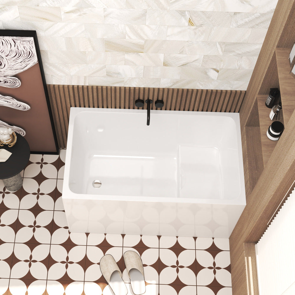 47" Acrylic Freestanding Bathtub with seat: Spacious rectangle Shape, Gloss White Finish, Chrome Overflow & Pop-Up Drain CUPC Certificate