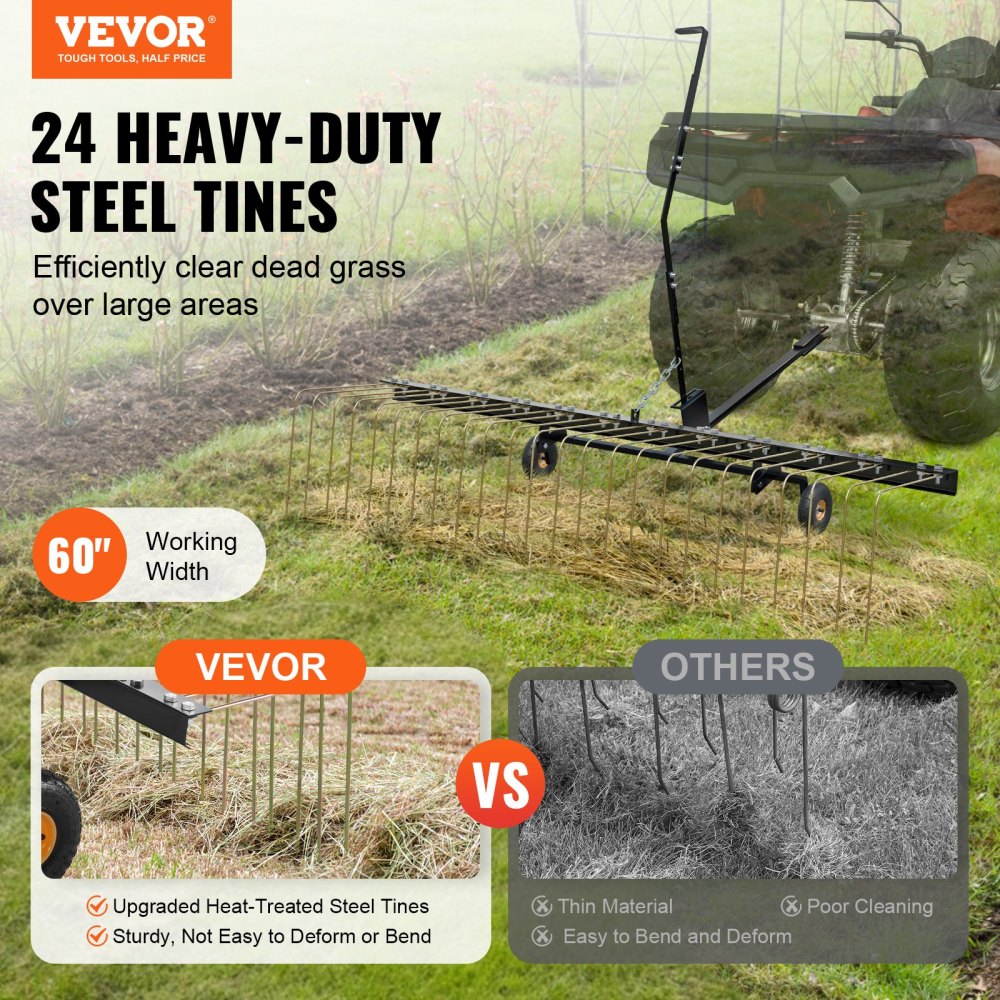 Tow Behind Dethatcher, 60-inch Tow Dethatcher with 24 Steel Tines, Lawn Dethatcher Rake for ATV or Mower, Tow Behind Lawn Rake with Lift Handle for Leaves, Pine Needles, and Grass