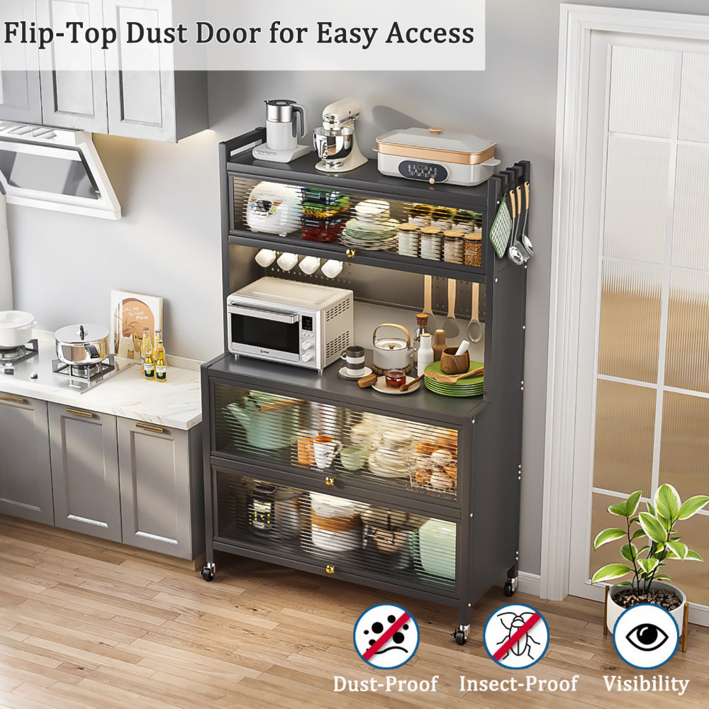 64" Kitchen Pantry Storage Cabinet, 5 Tier Metal Storage Cabinet with Wheels, Transparent Flap Door &  DIY Hole Board , Kitchen Storage Bakers Rack, for Kitchen, Living Room and Dining Room, Gray