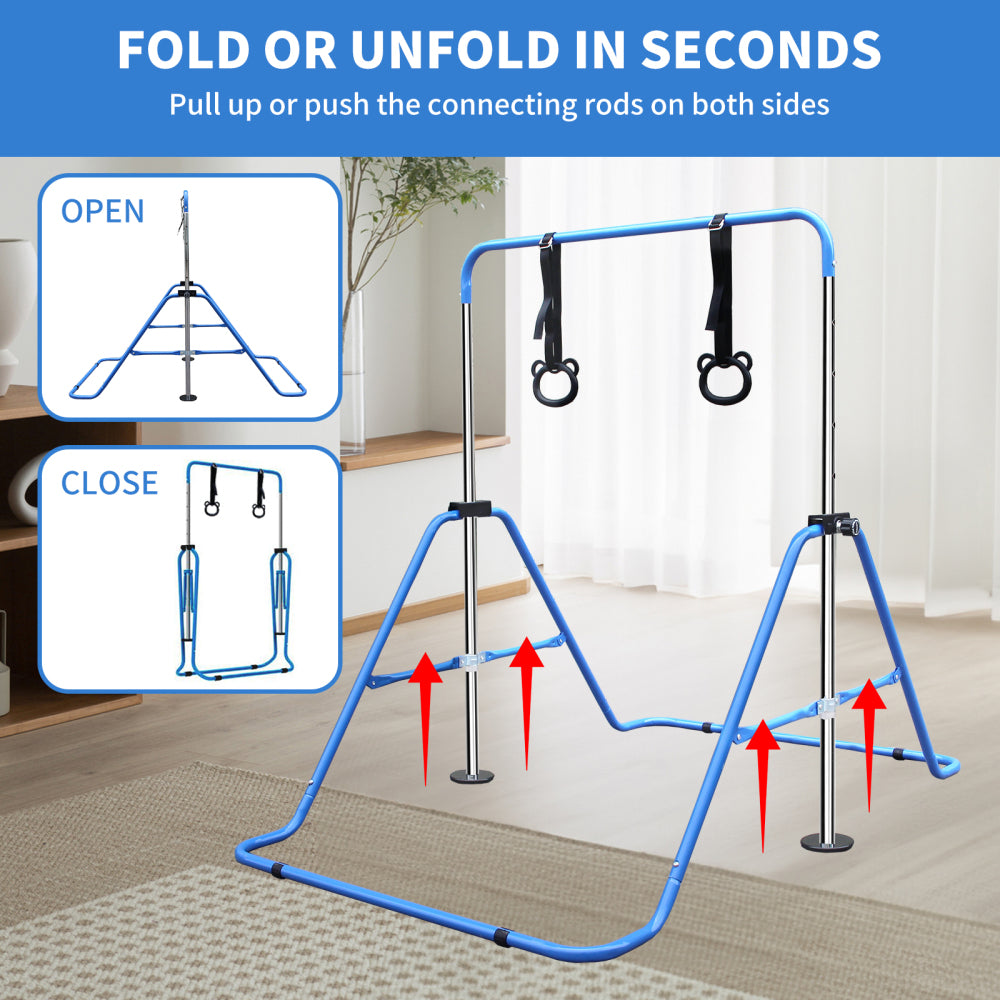 Blue Multi-Functional Adjustable Height Children's Horizontal Gymnastic Bar With Bear Rings
