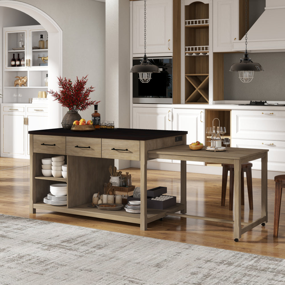 TREXM Extendable Kitchen Island with Storage, Multi-Functional Kitchen Cart with Built-In Power Outlets, Retro Kitchen Island on Wheels with Drawers and Open Shelves for Kitchen (Gray)