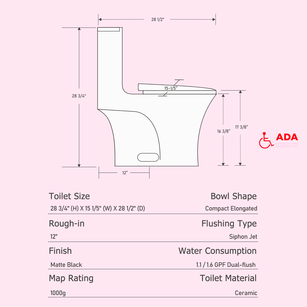 1.1/1.60 GPF Dual-Flush One Piece Toilet, Water-Saving Elongated Comfort Height Floor Mounted, Soft Closing Seat, 1000 Gram Map Flushing Score Toilet, Matte Black 24T02-MB