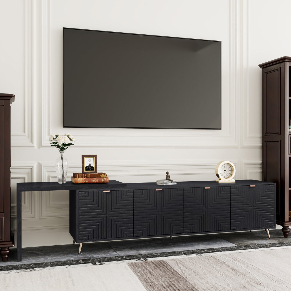 70"-90" Extendable TV Cabinet, Modern Entertainment Center with Storage and Adjustable Shelves, Lacquered and Real Wood Veneered TV Console for Living Room, Hallway, Entryway, Black