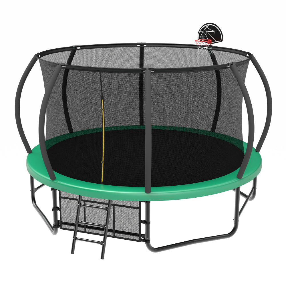 14FT Trampoline with Enclosure - Recreational Trampolines with Ladder and AntiRust Coating, ASTM Approval Outdoor Trampoline for Kids