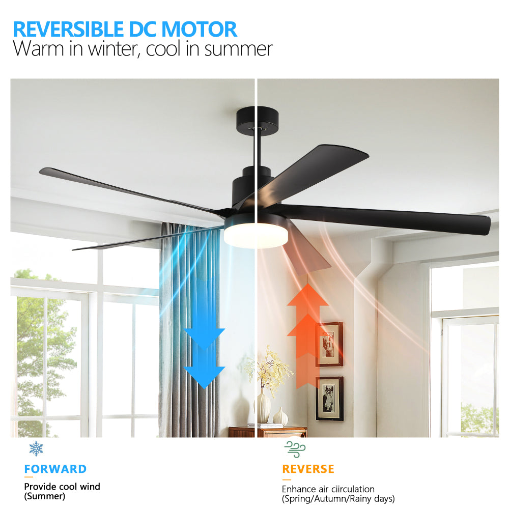 65 Inch Black Ceiling Fan with Light, 5-Blade Dimmable LED Ceiling Fan with Remote Control, Modern Quiet Design for Living Room and Bedroom (Silent/6-Speed/Reversible/DC Motor)