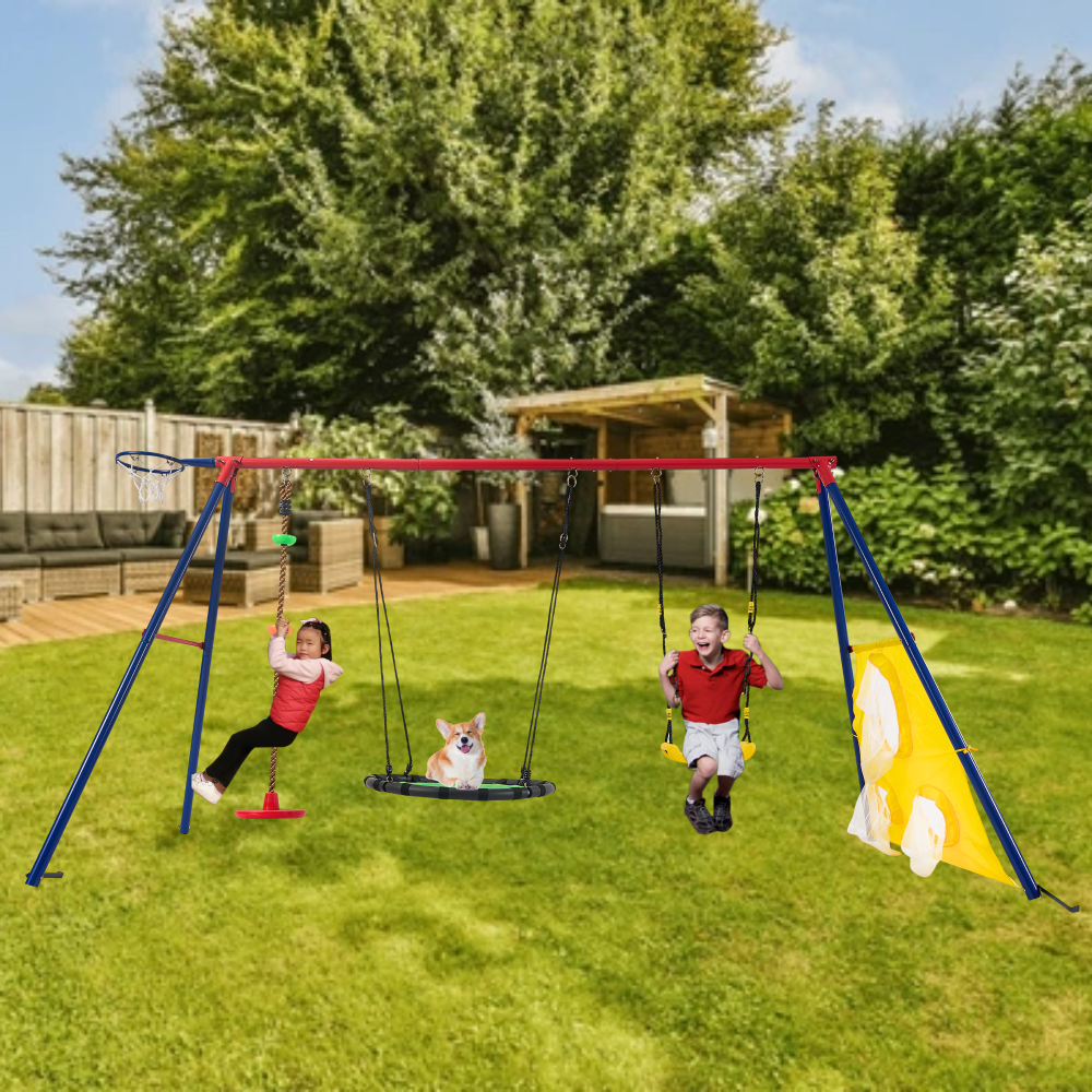 XNS093 rainbow colour interesting 5in1 swingset with Textilene swing and Tree Swing Disc metal plastic safe swing seat 550lbs for outdoor playground for age 3+
