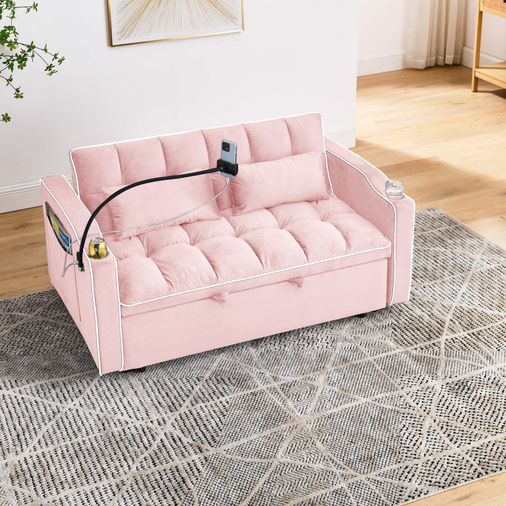 55.51 inch versatile foldable sofa bed in 3 lengths, modern sofa sofa sofa velvet pull-out bed, adjustable back and with USB port and ashtray and swivel phone stand (PINK)