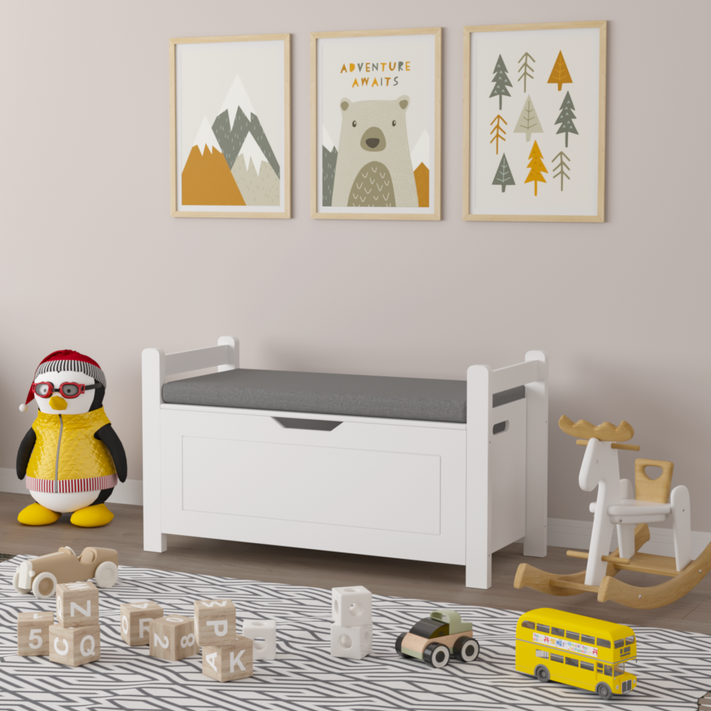 Kids Toy Box Chest, White Toy Box for Boys Girls, Large Storage Cabinet with Cushion Seat Bench/Flip-Top Lid/Safety Hinge, Toy Storage Organizer Trunk for Nursery, Playroom