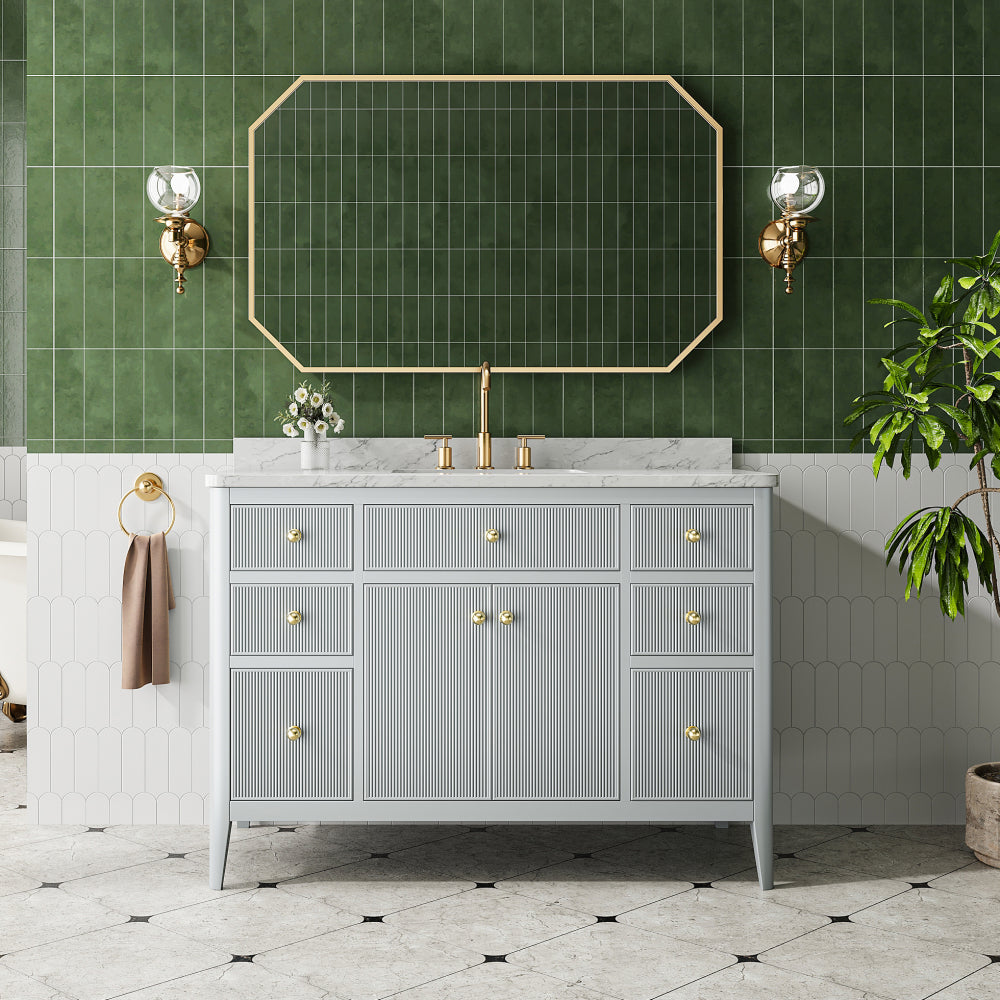 Fully Assembled 48''  Grey Freestanding Single Sink Bathroom Vanity with Solid Wood Construction and Engineered Marble Top