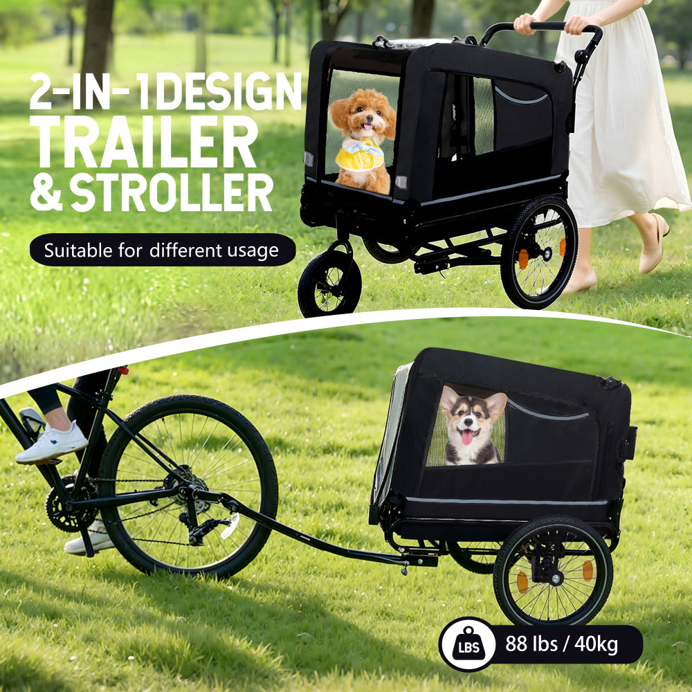2-in-1 Bike Trailer & Push Cart for Pets - Detachable Bike Hitch & Push Handle Included - All-Terrain Wheels, Quick Release Wheel, Non-Slip Floor, Internal Leash, Holds Up to 88 lbs, Black