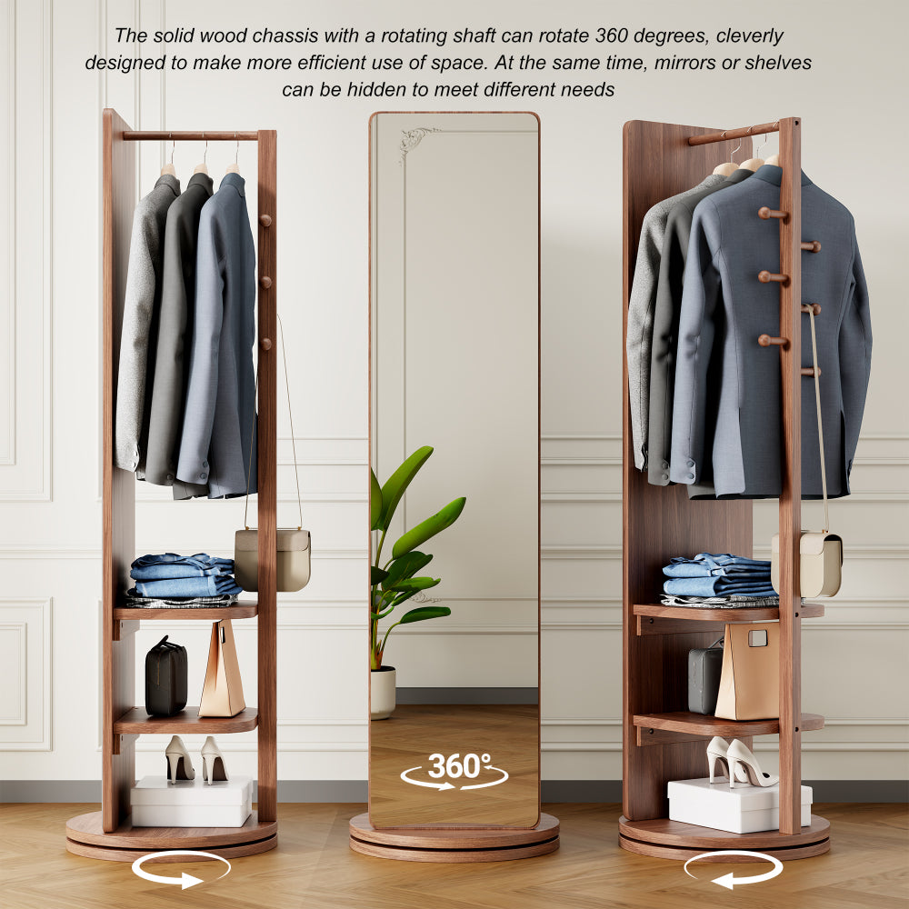 360° Rotating 66"x14" Multifunctional Full Length Mirror with Hook Storage Rack Coat Rack with Mirror Solid Wood Floor Mirror Bedroom Living Room Cloakroom Space Saving (walnut)