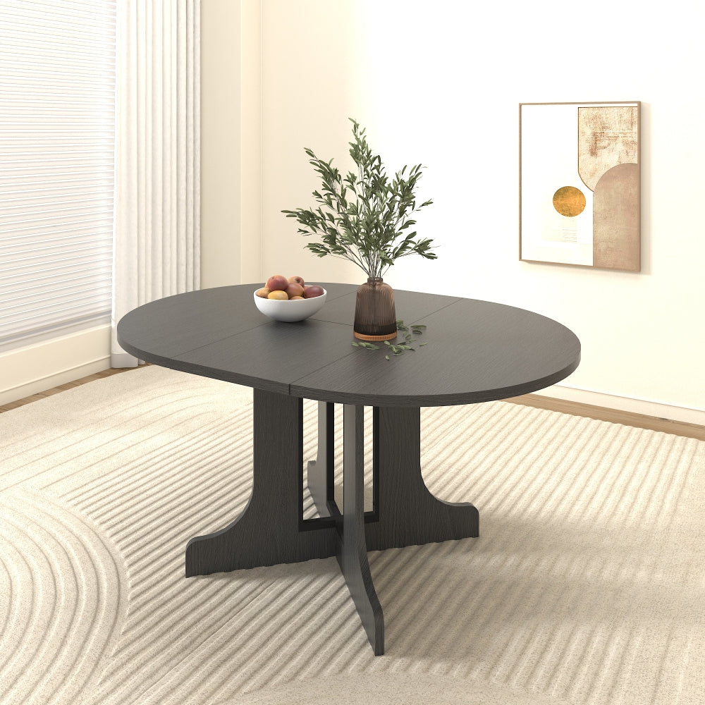 Dining Table for Farmhouse Kitchen 59x43 Inch Expandable Oval Table Top with Removable Leaf Trestle X Shaped Base Black
