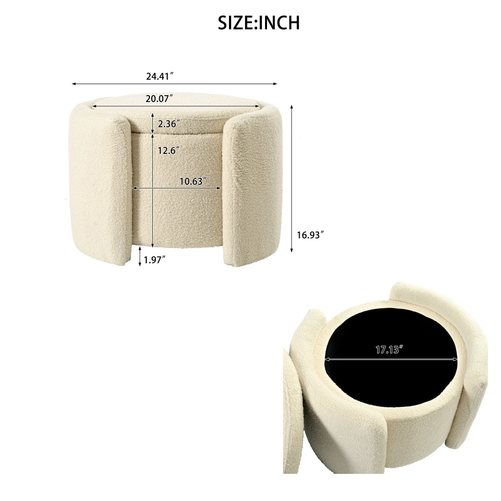 Round Ottoman teddy fleece cushioned footpads living room and bedroom footstool with storage space (Beige)
