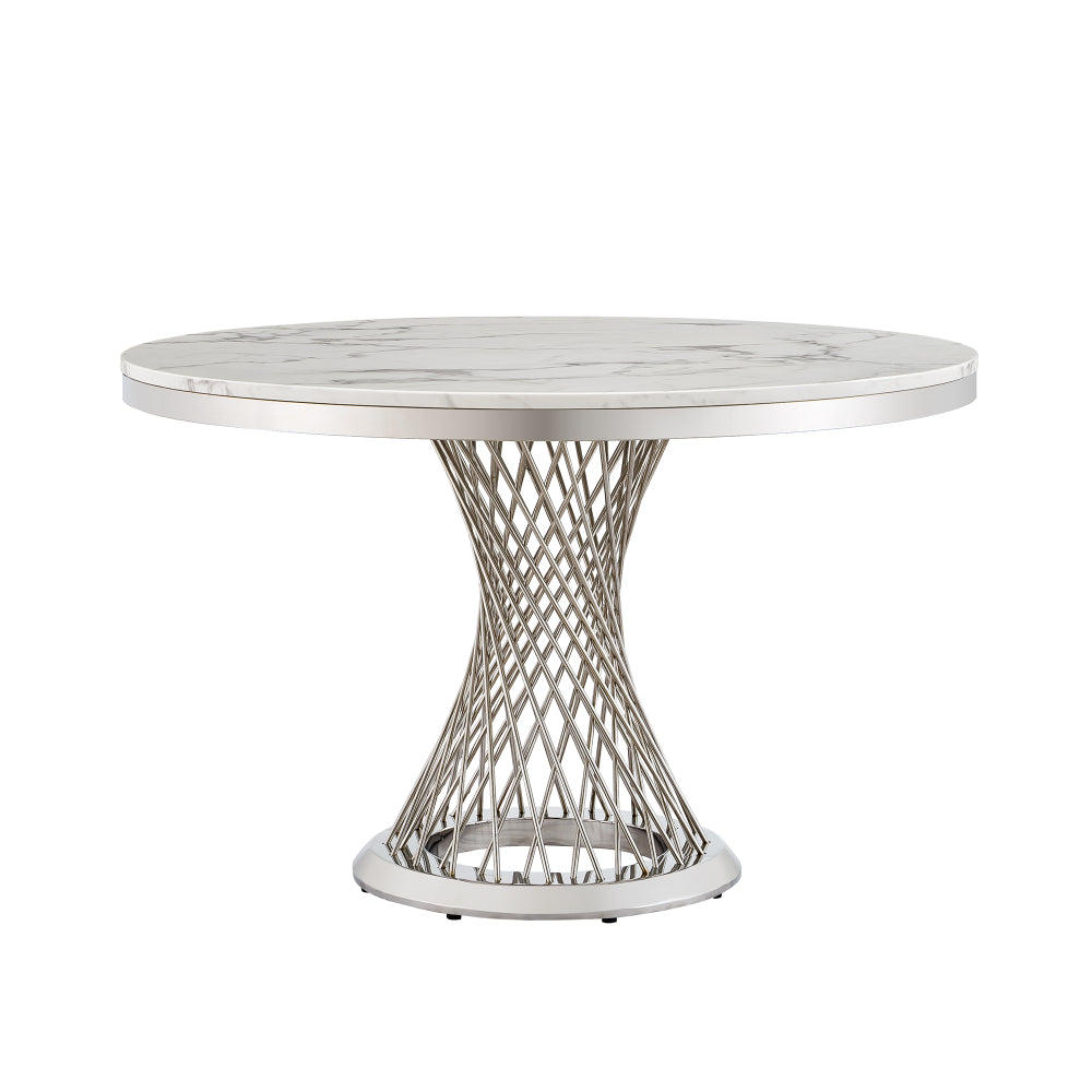 47" Round Marble Dining Table, Modern Kitchen Table with High Gloss Faux Marble Tabletop and Stainless Steel Base for Dining Room, Kitchen (Sliver,White)(Only a table)