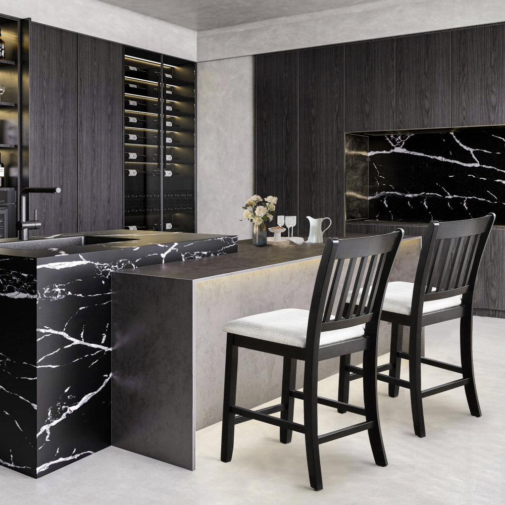 Casual Seating Black Finish Chairs Set of 2 Rubberwood Transitional Slatted Back Design Dining Room Furniture Counter Chairs