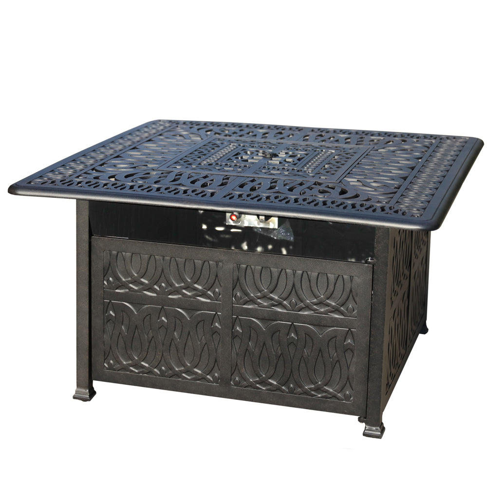 Cast Aluminum 44" Square Fire Table w/ Fire Glass and Cover