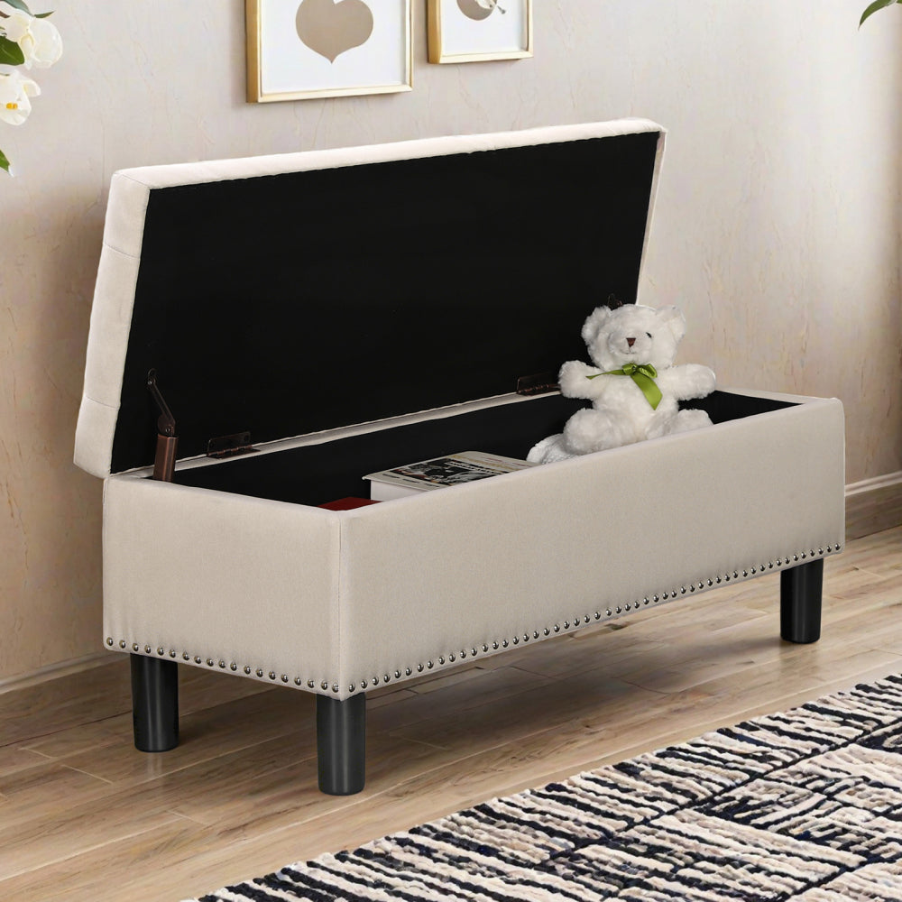Storage Ottoman Bench with Wood Legs, Upholstered Bedroom Bench with Button-Tufted, Storage Bench with High-density Resilient Sponge Rivet Design for Bedroom, Linen, Beige