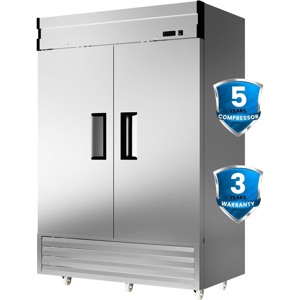 2 Door 49 Cu.Ft Commercial Refrigerator Dynamic Cooling OmniSmart Temperature Control 33℉~41℉ Stainless Steel Reach In 6 Shelves 54" W Commercial Refrigerator LED Light Digital Thermostat
