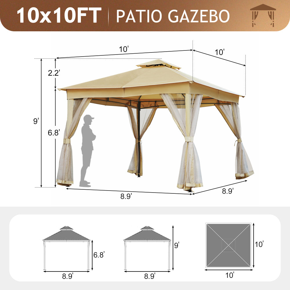 TREXM 10x10 Outdoor Gazebo Tent with Double Roofs, Patio Gazebo with Mosquito Netting, Patio Canopy for Backyard, Garden, Lawn and Deck (Beige)